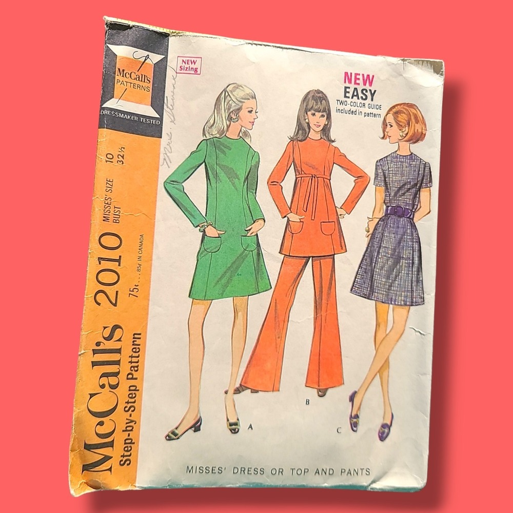 Vintage 1969 McCall's Pattern 2010 Dress Top Pants Uncut Size 10 Bust 32.5